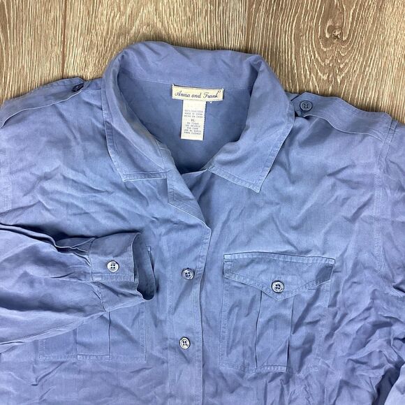 Anna and frank silk blouse‎ Women's 100% SILK Blue Pocket Flaw - Picture 1 of 6